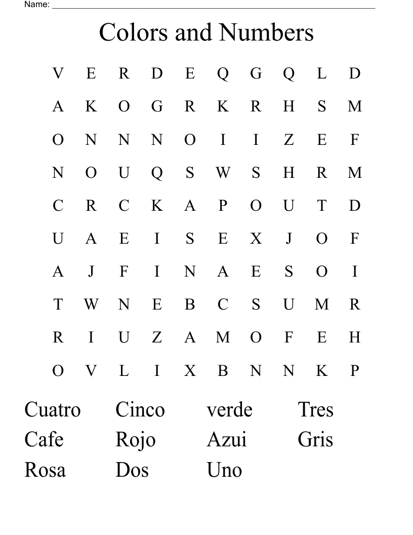Colors and Numbers Word Search