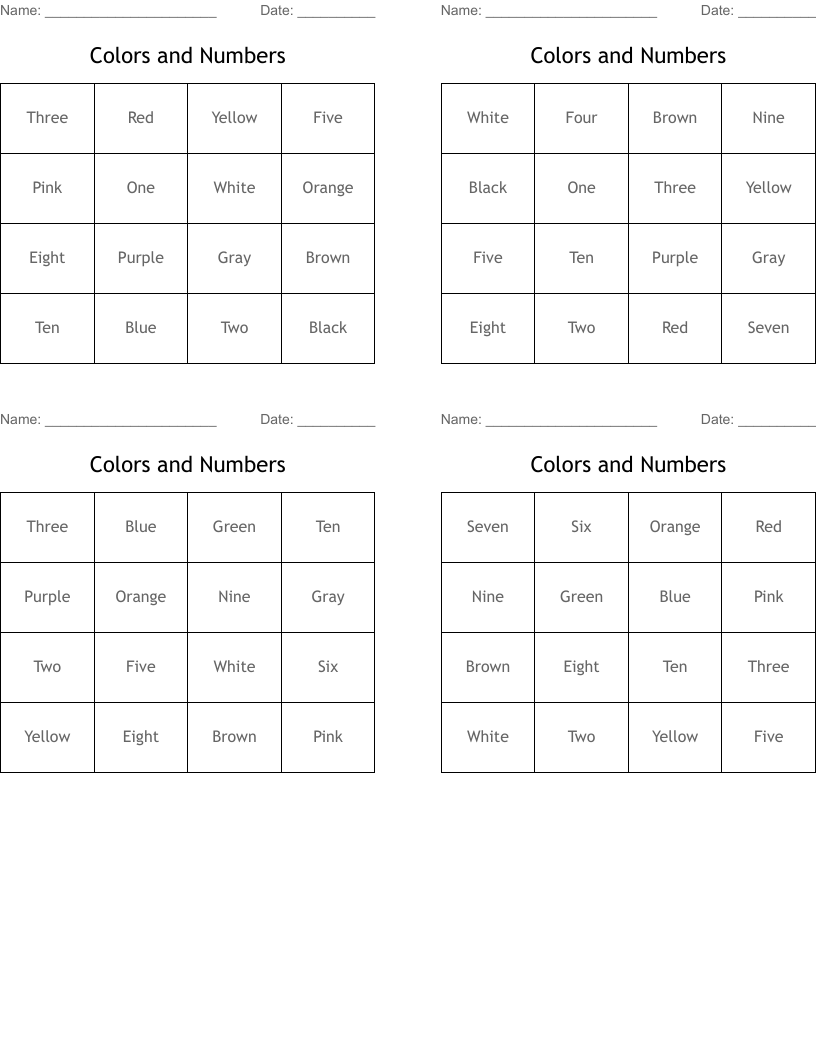 Colors and Numbers Bingo Cards