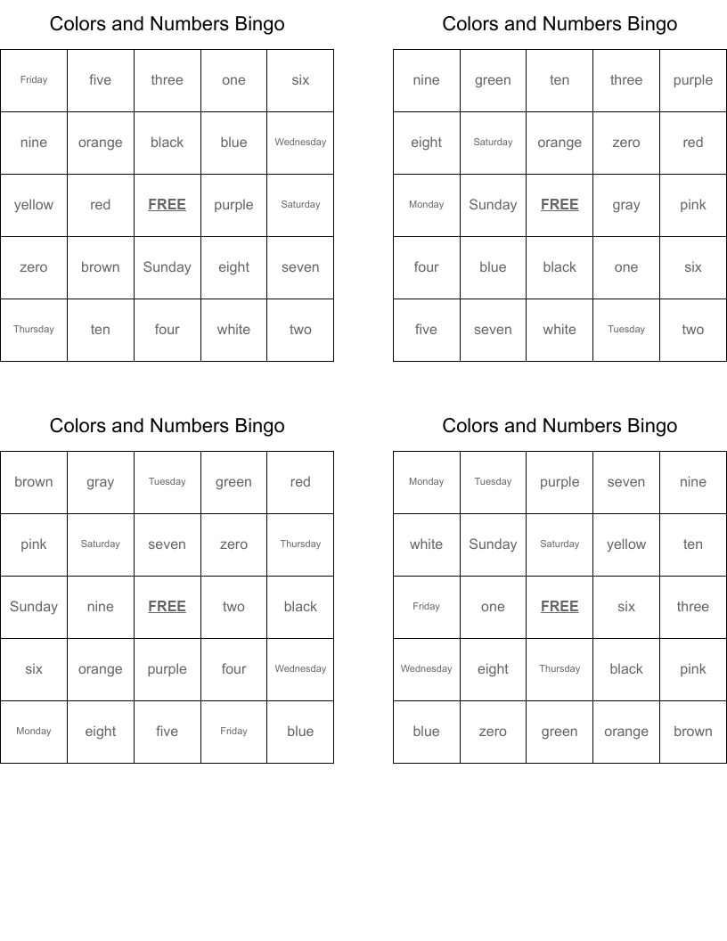 Colors and Numbers Bingo