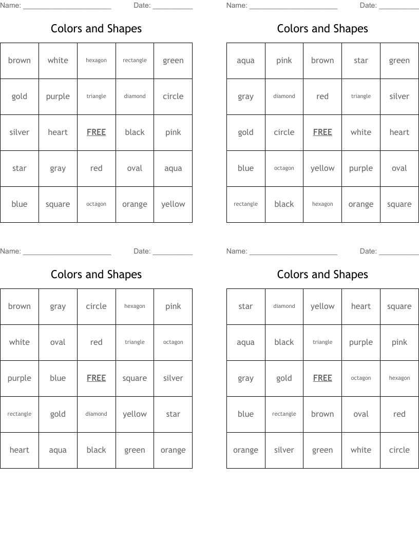 Colors and Shapes Bingo Cards