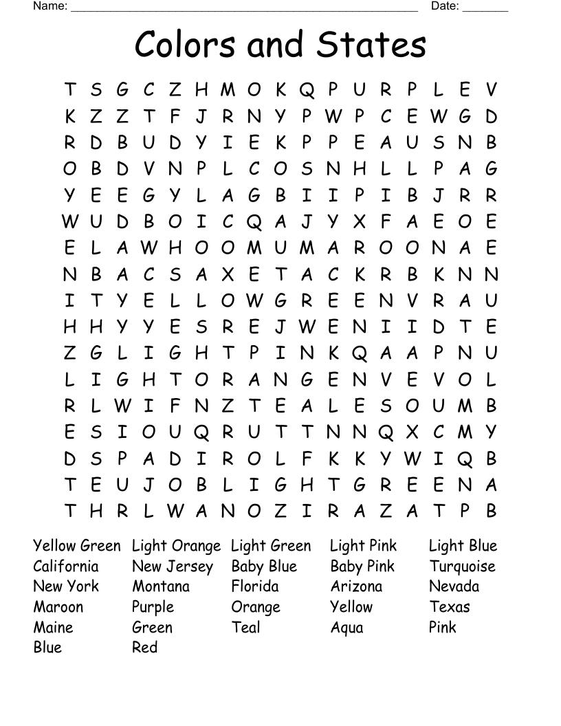 Colors and States Word Search