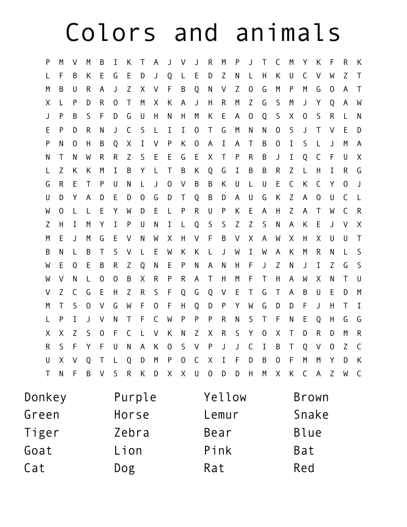 Colors and animals Word Search