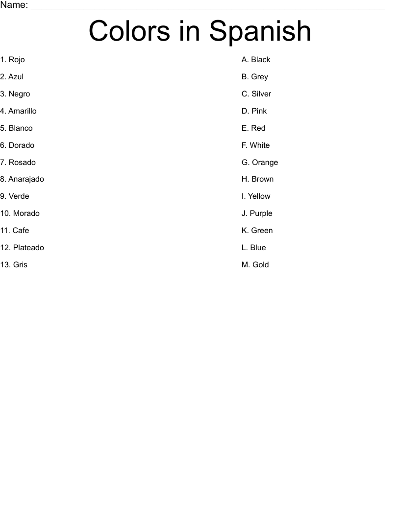 Colors in Spanish Worksheet