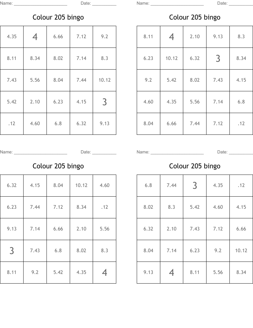 Colour 205 bingo