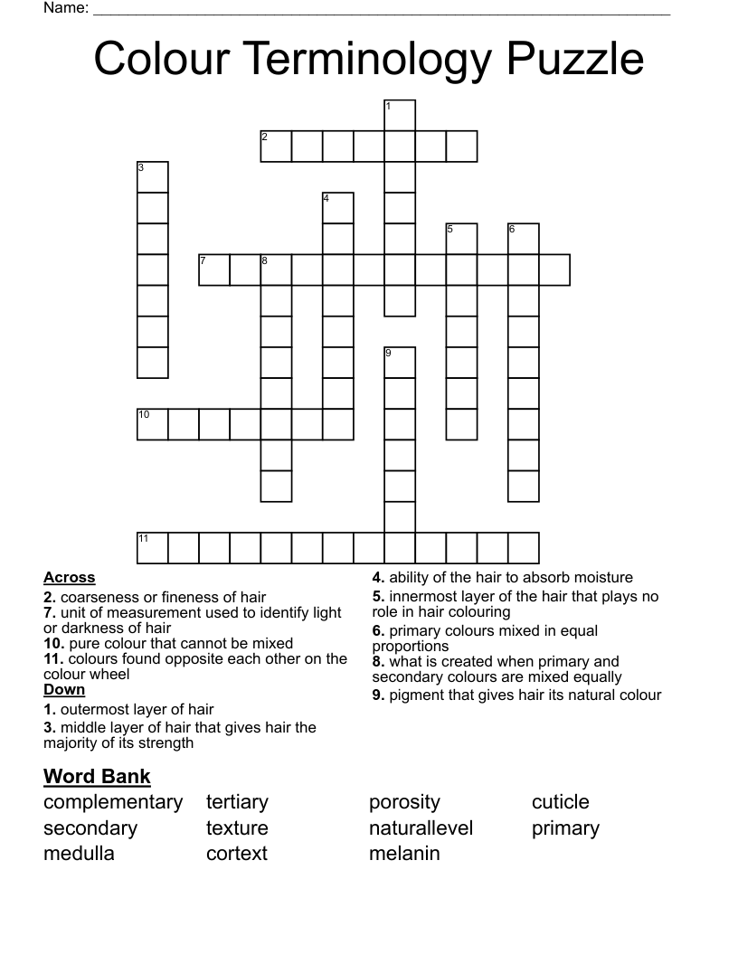 Colour Terminology Puzzle Crossword