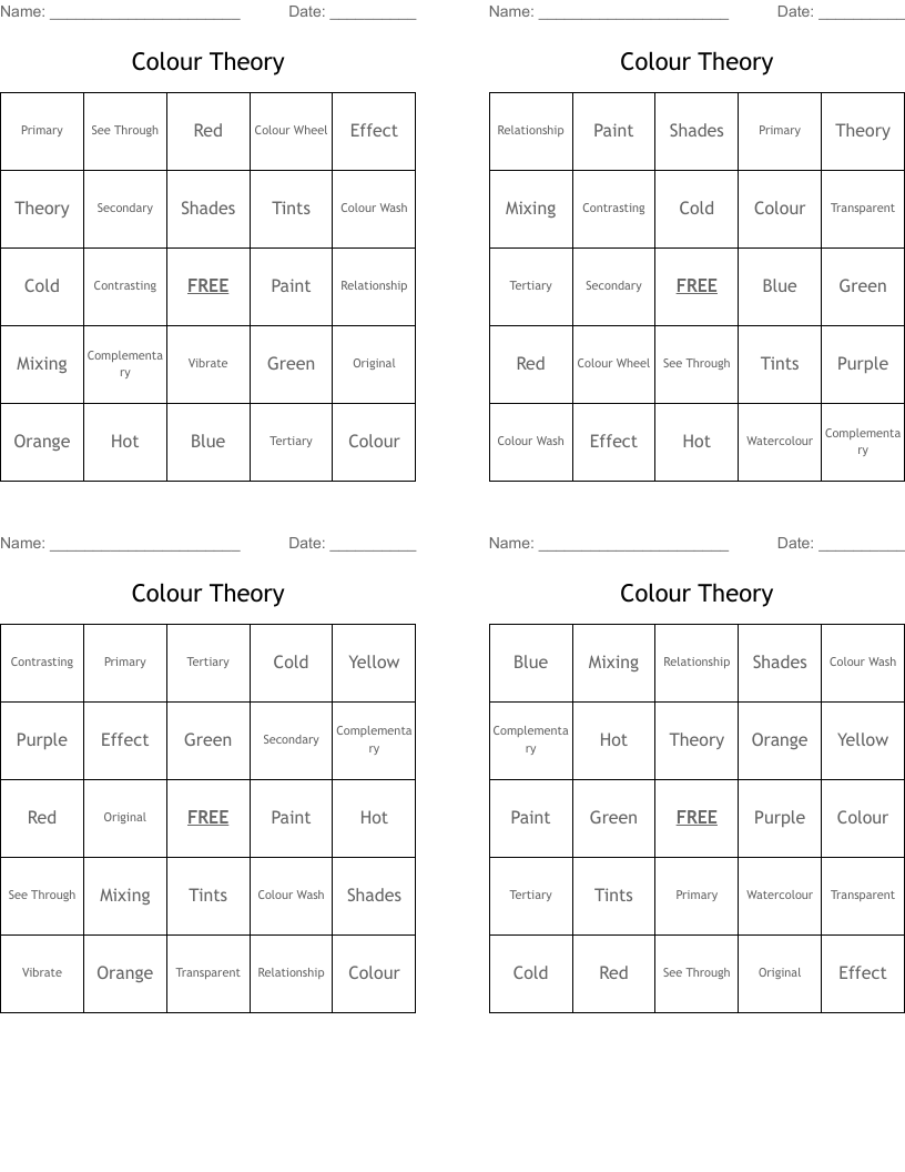 Colour Theory Bingo Cards