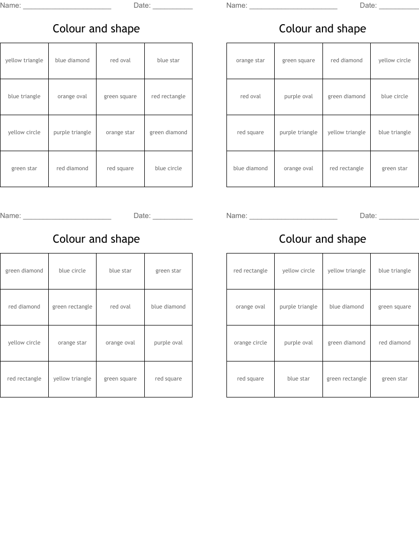 Colour and shape Bingo Cards