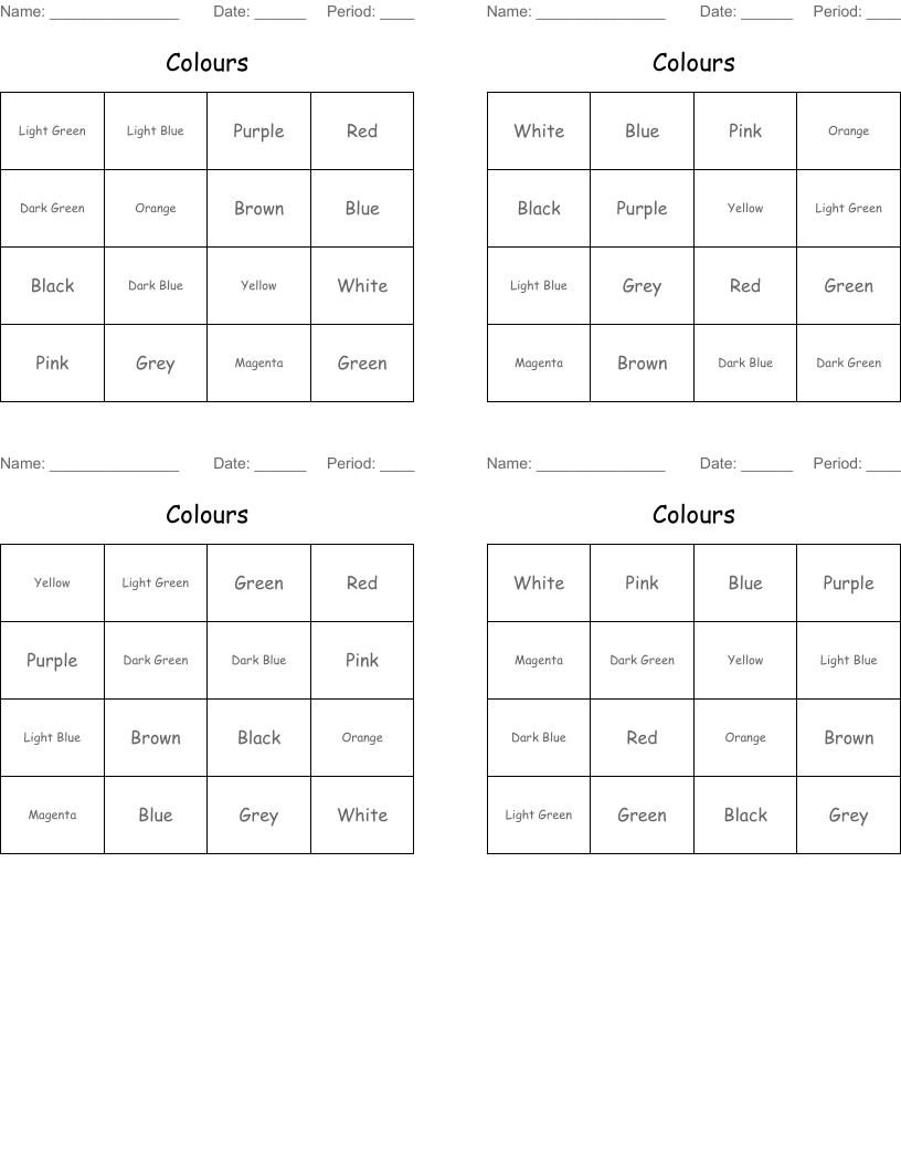 Colours Bingo Cards