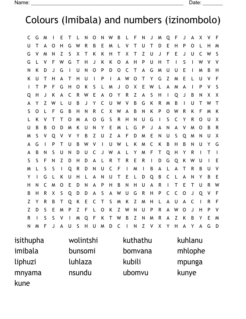 Colours (Imibala) and numbers (izinombolo) Word Search