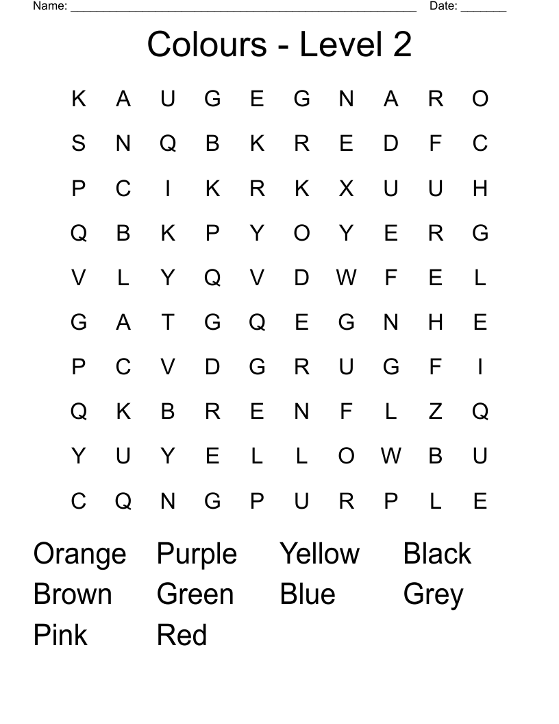 Colours - Level 2 Word Search