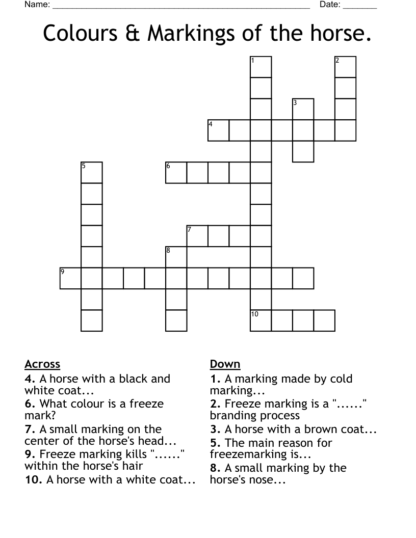 Colours & Markings of the horse. Crossword