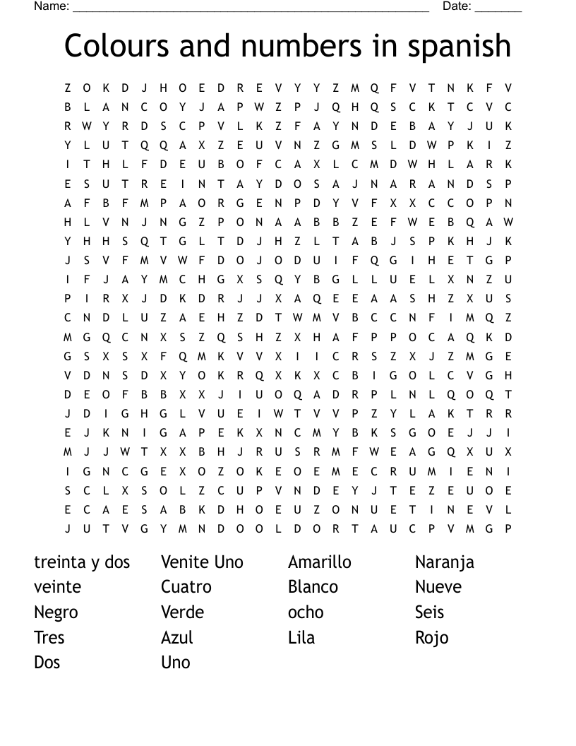 Colours  and numbers in spanish Word Search