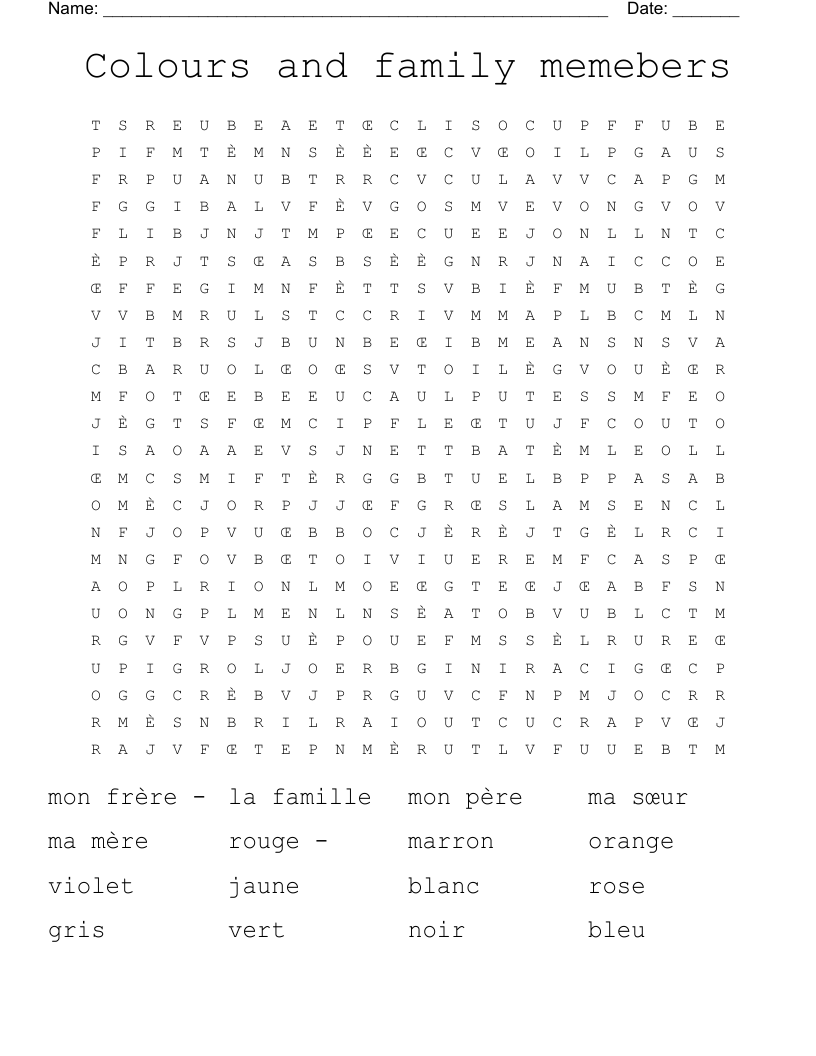 Colours and family memebers Word Search