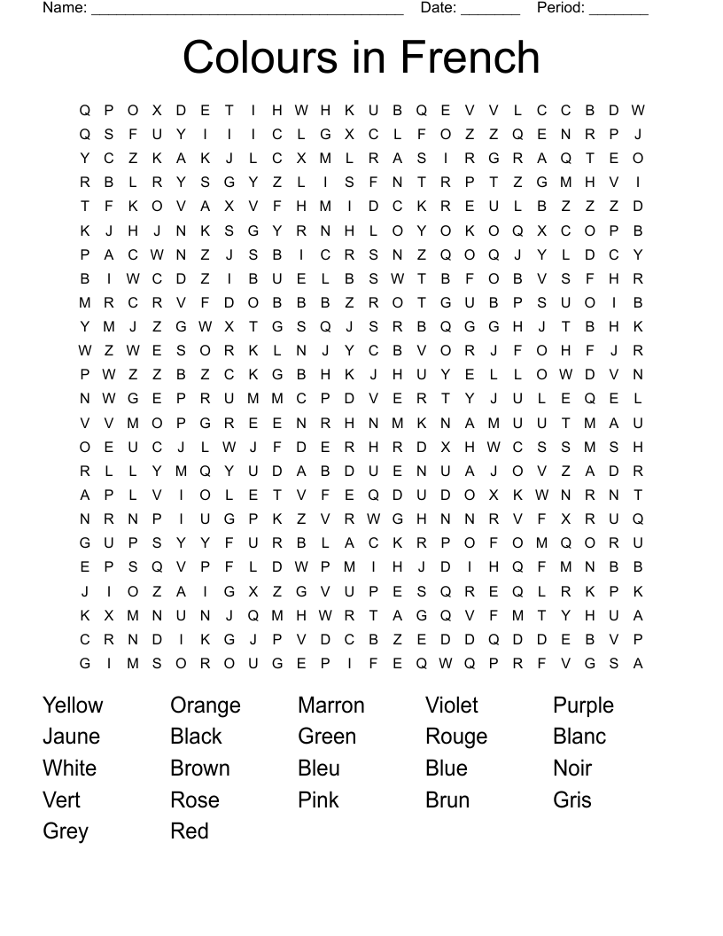 Colours in French Word Search