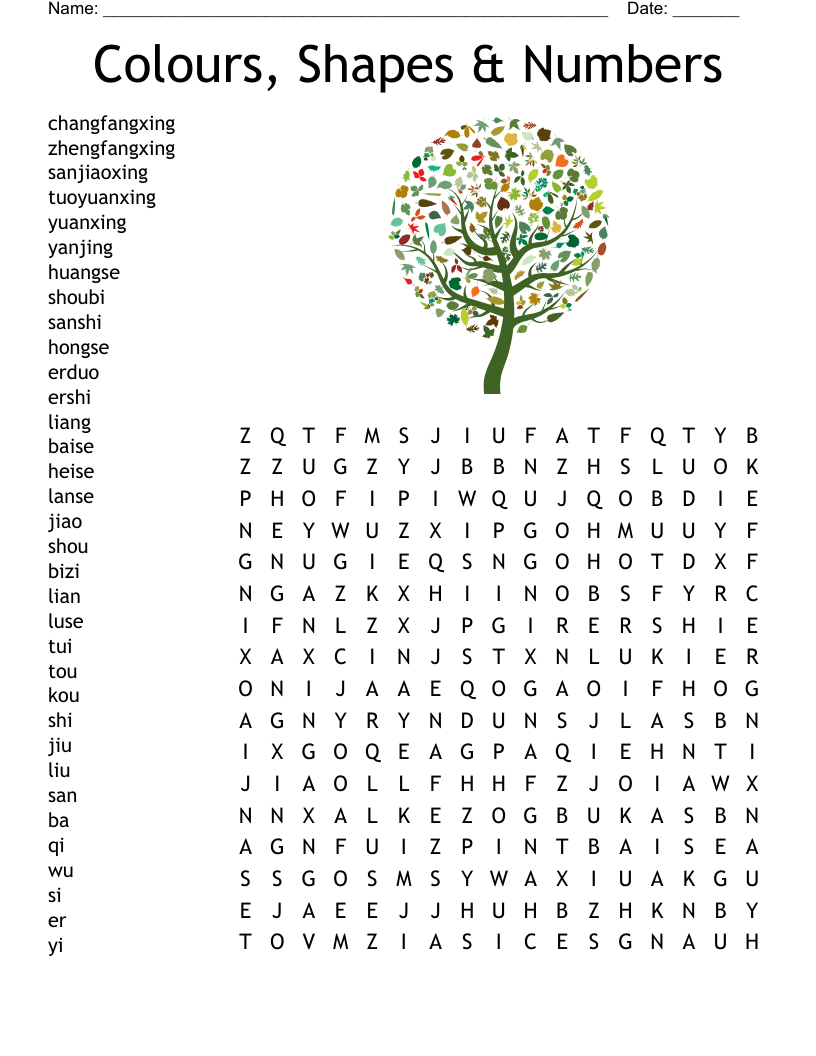 Colours, Shapes & Numbers Word Search