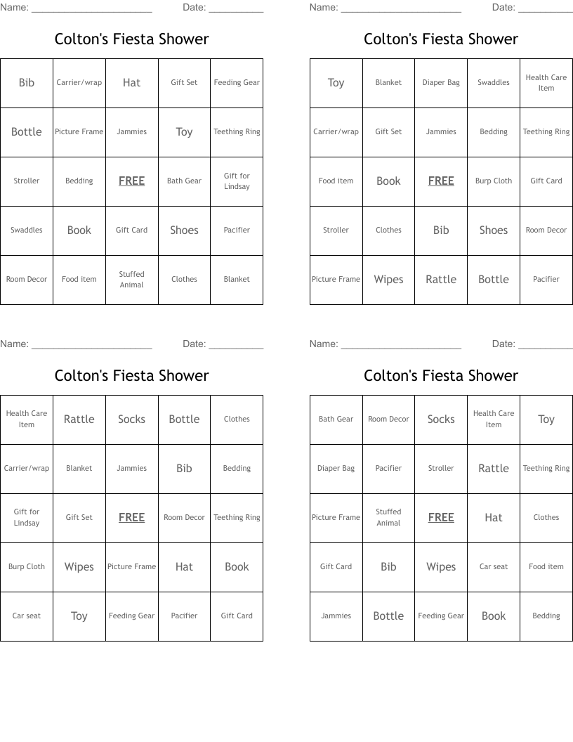 Colton's Fiesta Shower Bingo Cards