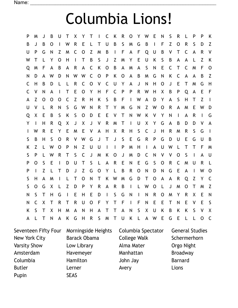 Columbia Lions! Word Search