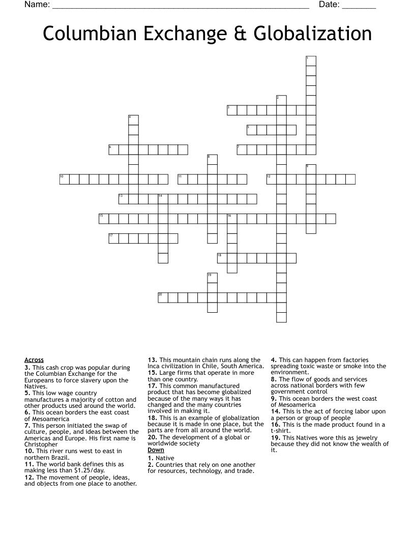 Columbian Exchange & Globalization Crossword