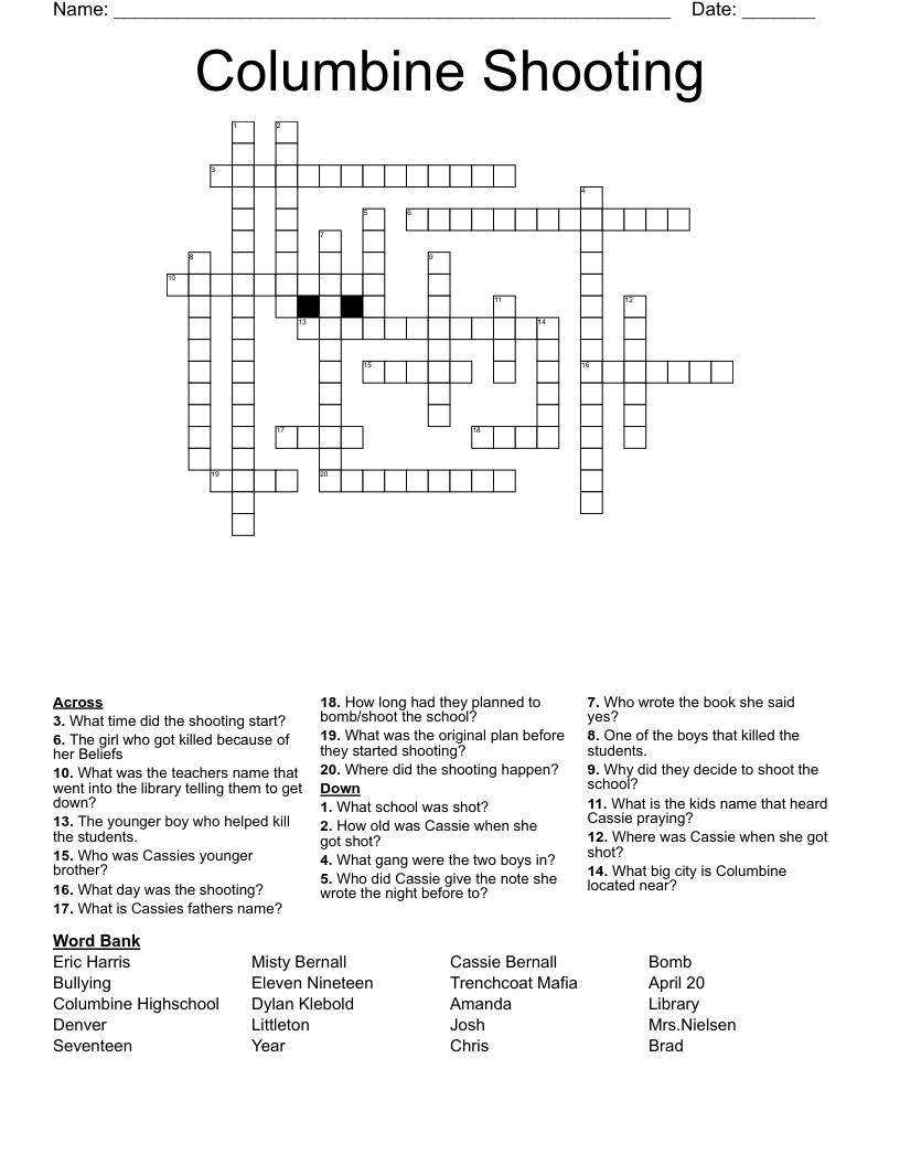 Columbine Shooting Crossword