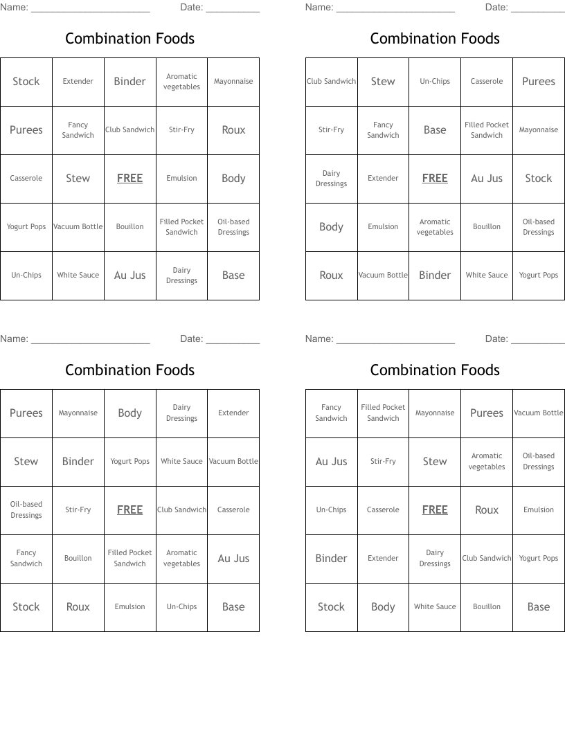Combination Foods Bingo Cards