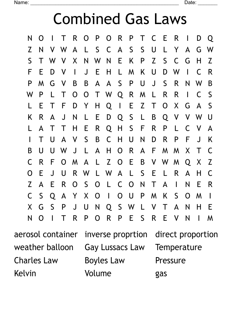 Combined Gas Laws Word Search