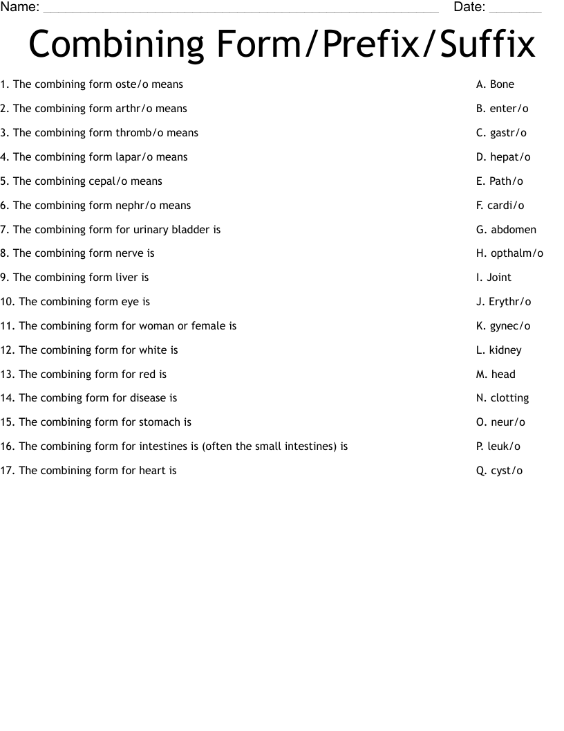 Combining Form/Prefix/Suffix Worksheet
