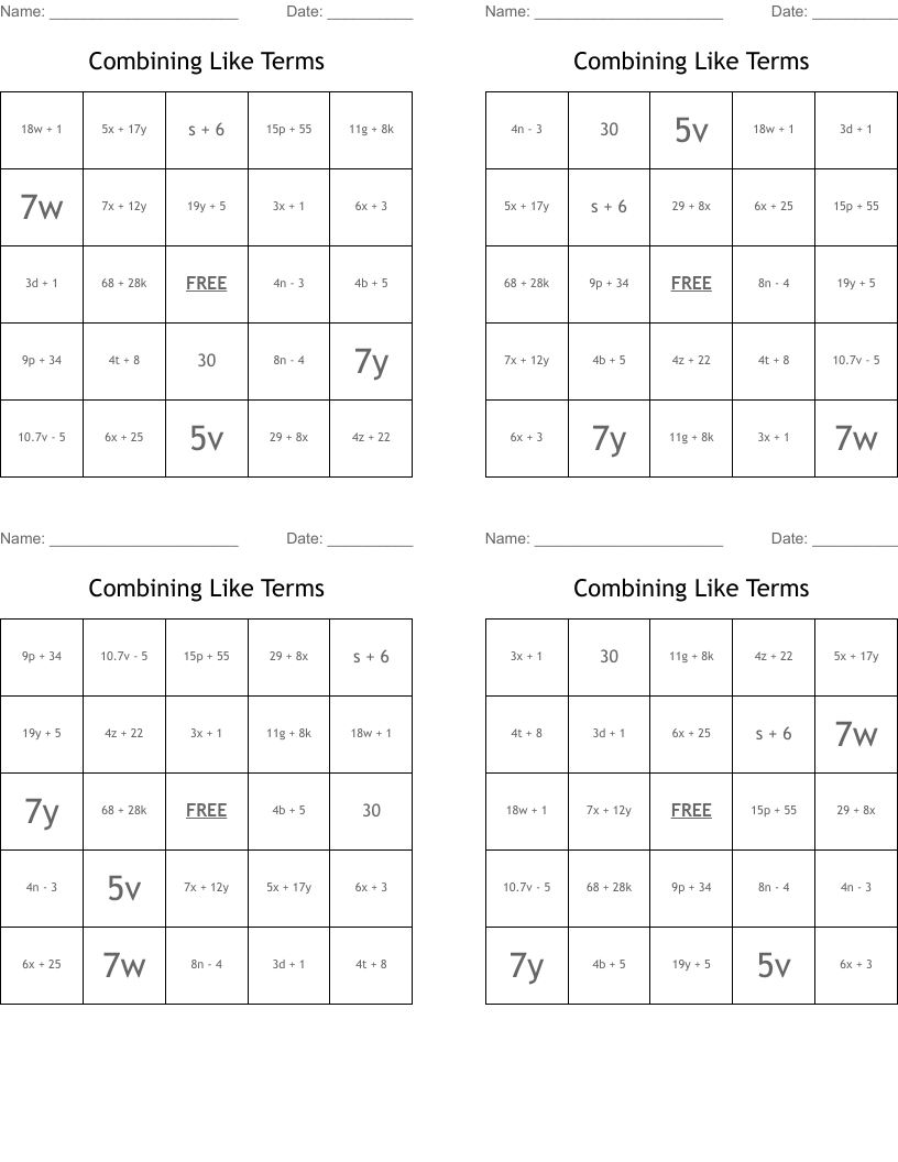 Combining Like Terms Bingo Cards