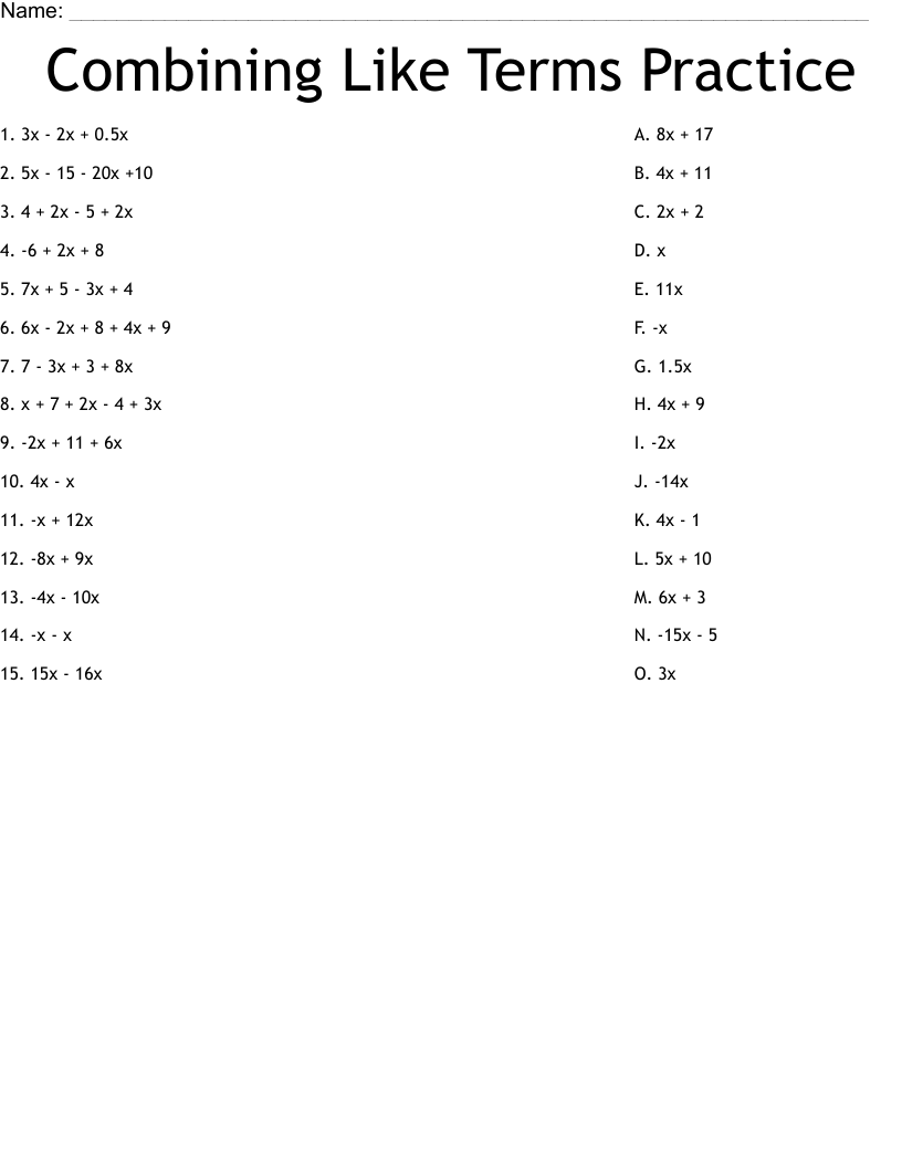 Combining Like Terms Practice Worksheet