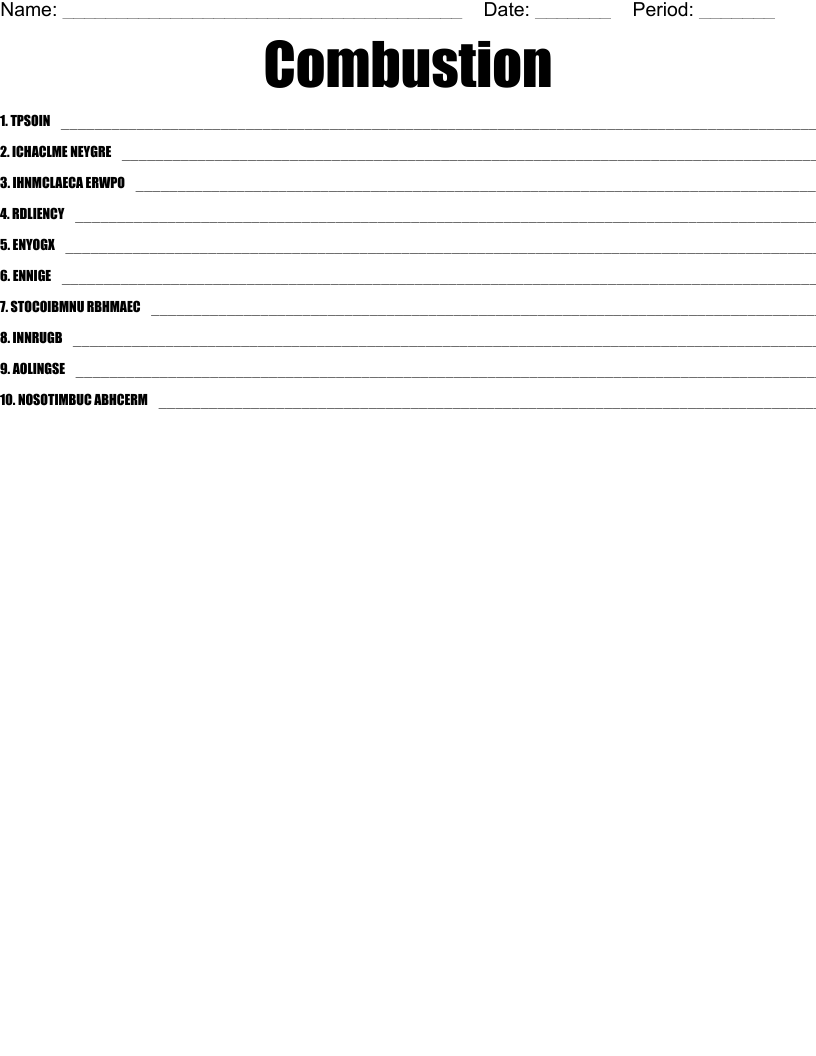 Combustion Word Scramble