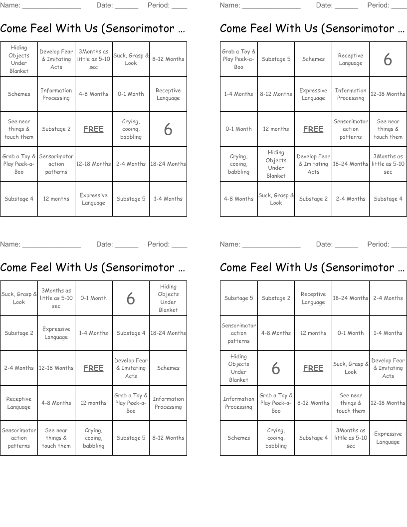 Come Feel With Us (Sensorimotor Stage) Bingo Cards