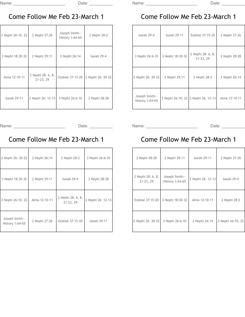 Come Follow Me Feb 23-March 1 Bingo Cards