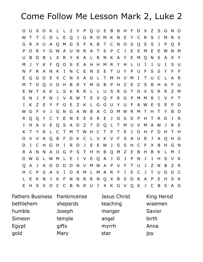 Come Follow Me Lesson Mark 2, Luke 2 Word Search