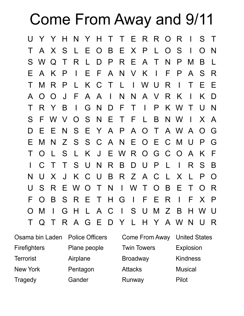 Come From Away and 9/11 Word Search