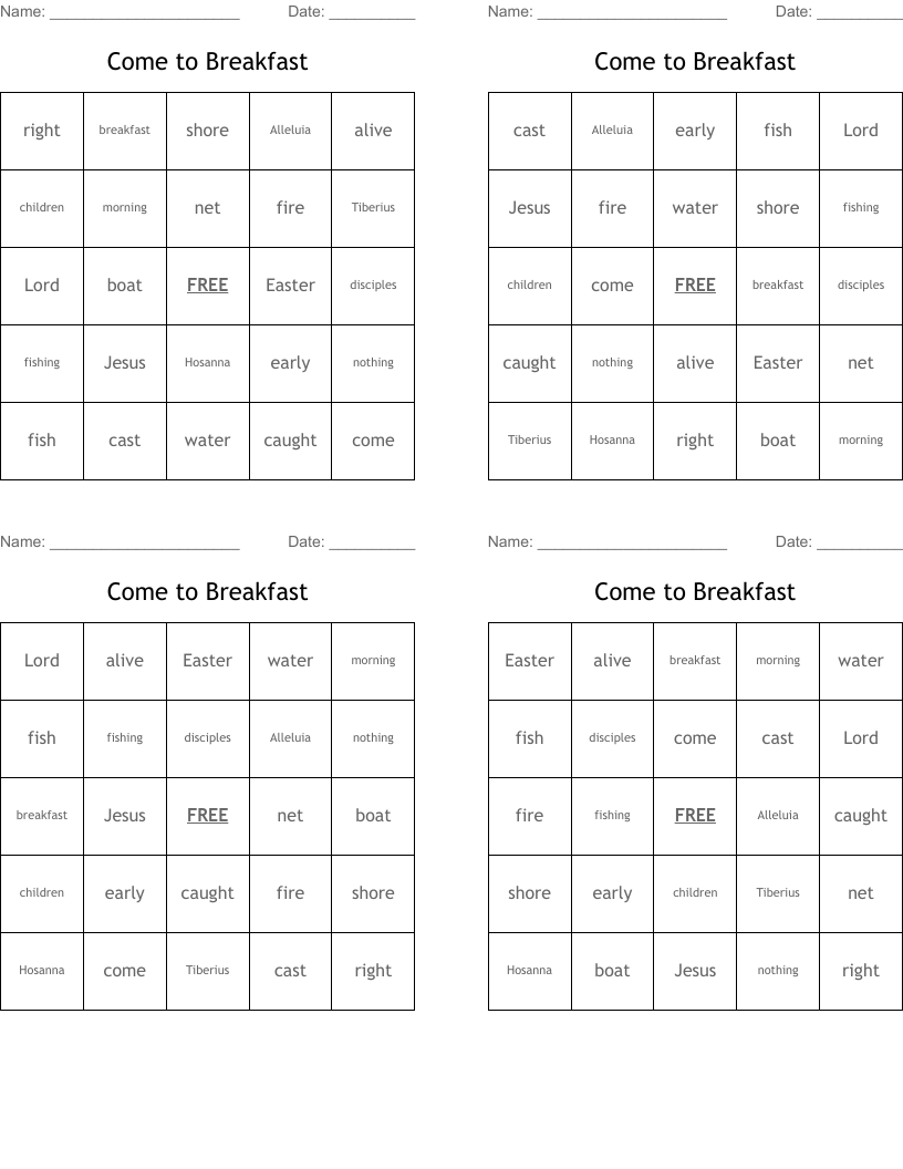 Come to Breakfast Bingo Cards