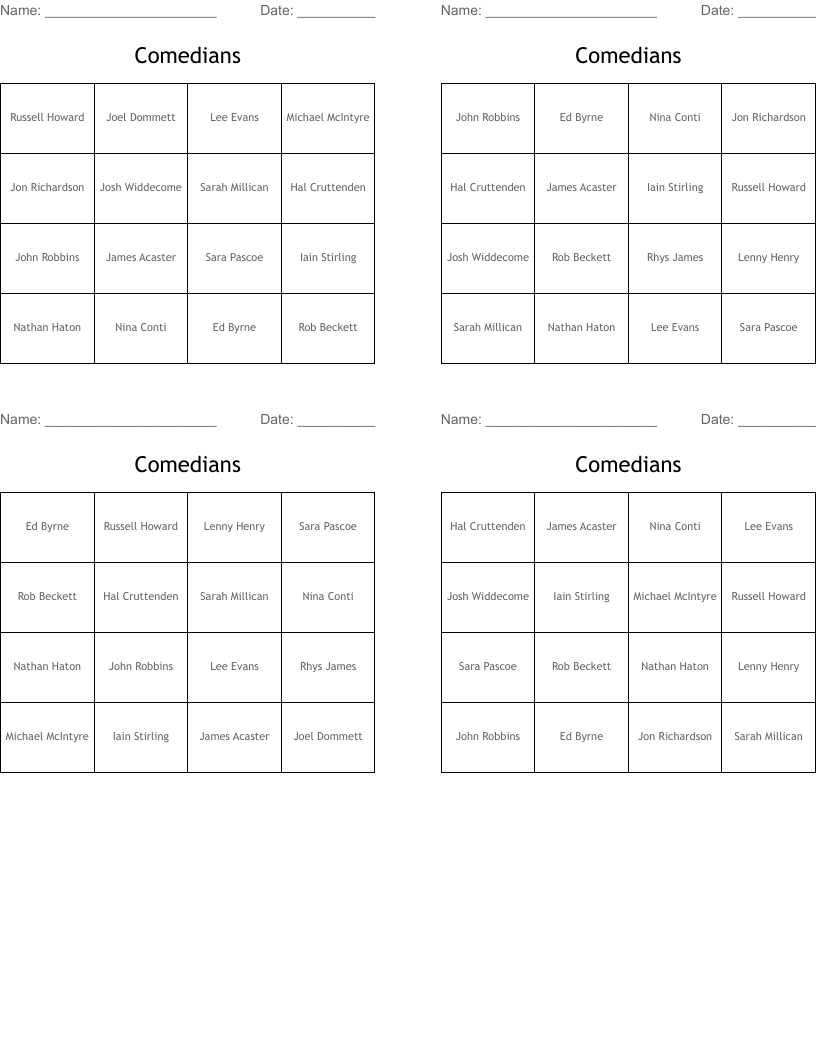 Comedians Bingo Cards
