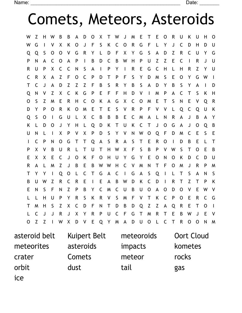 Comets, Meteors, Asteroids Word Search