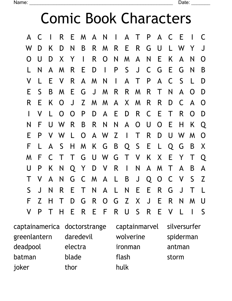 Comic Book Characters Word Search