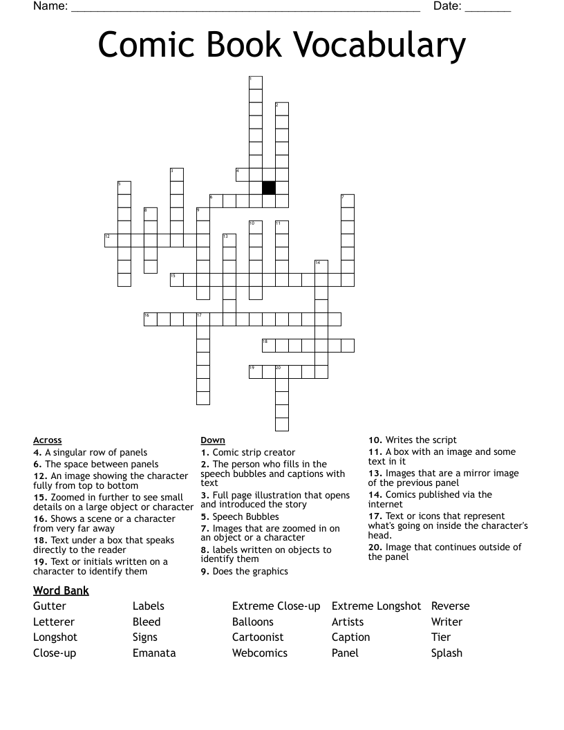 Comic Book Vocabulary Crossword