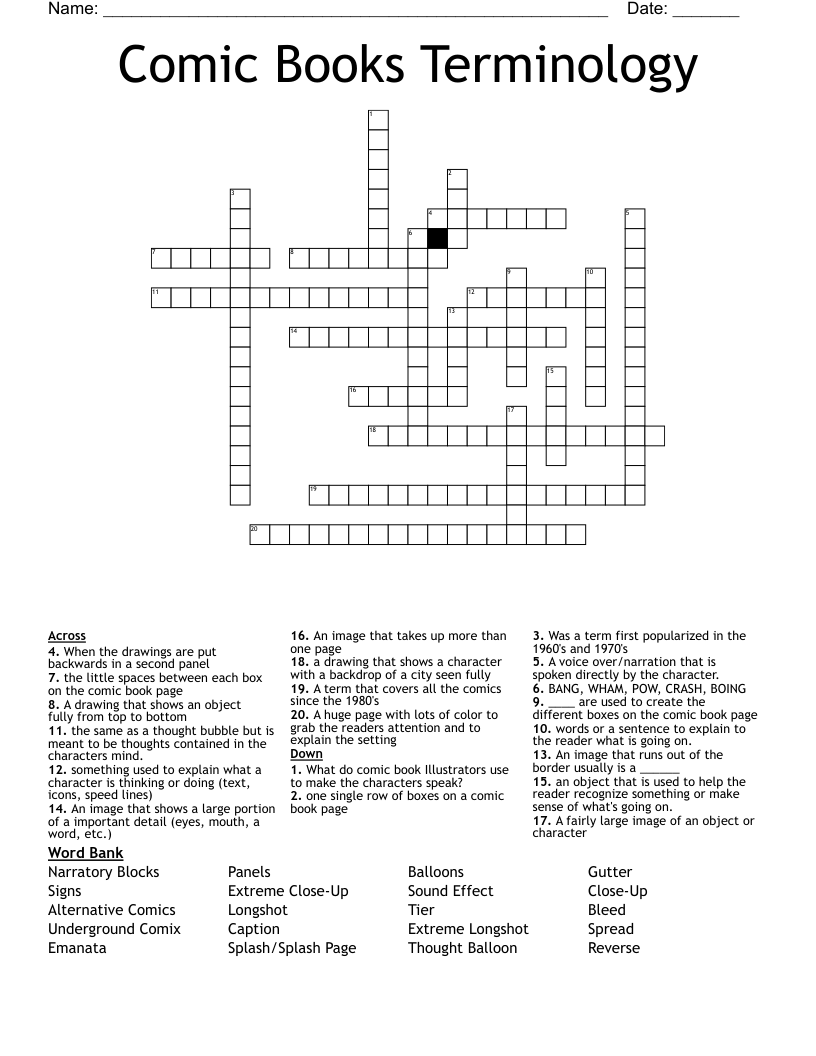 Comic Books Terminology Crossword