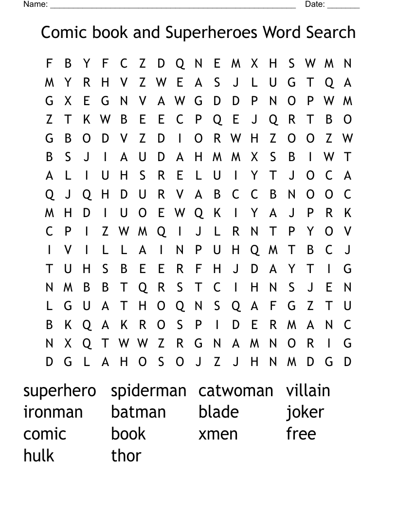 Comic book and Superheroes Word Search