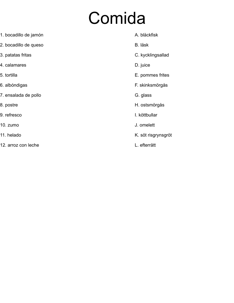 Comida Worksheet