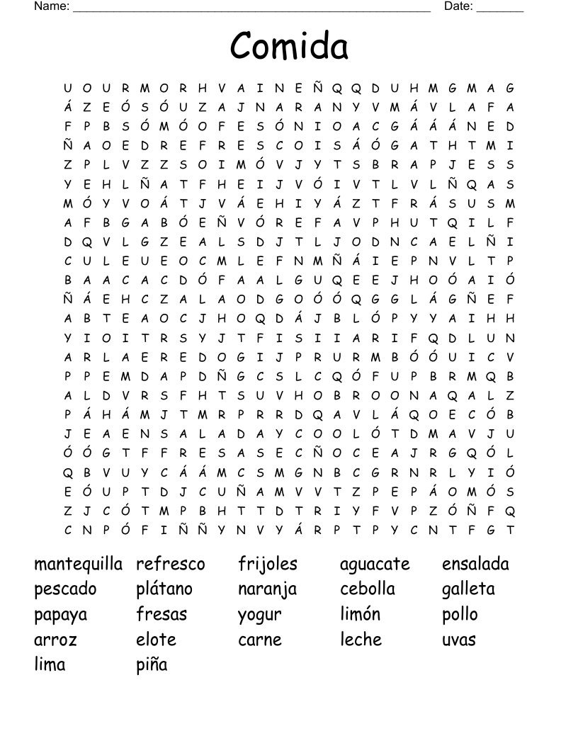 Comida Word Search