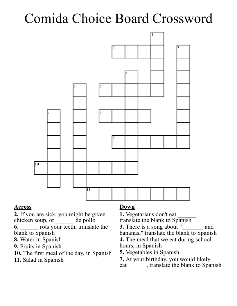 Comida Choice Board Crossword
