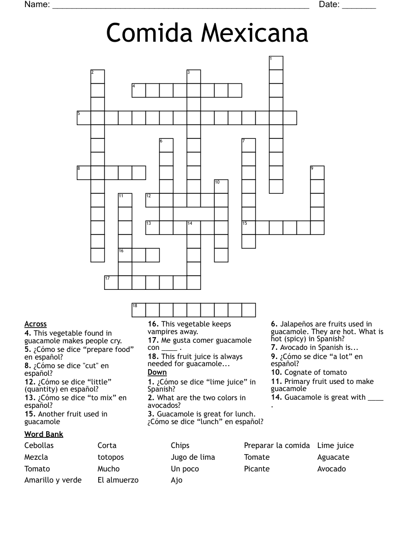 Comida Mexicana Crossword