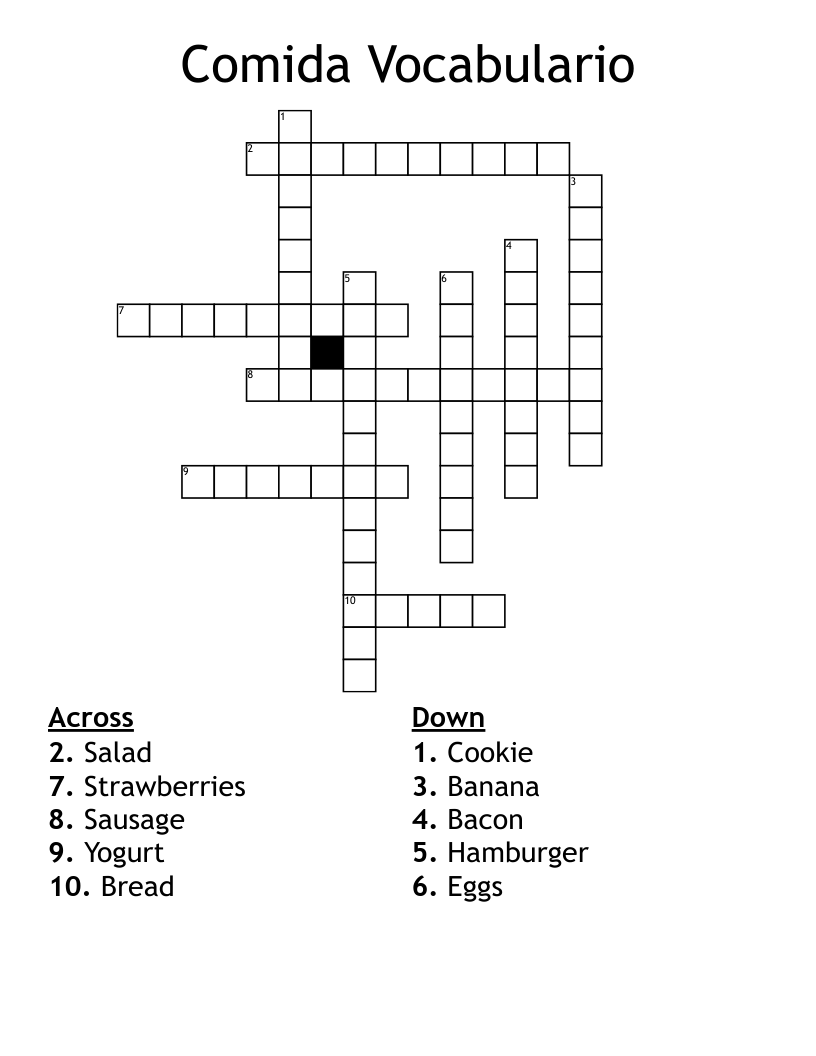 Comida Vocabulario Crossword
