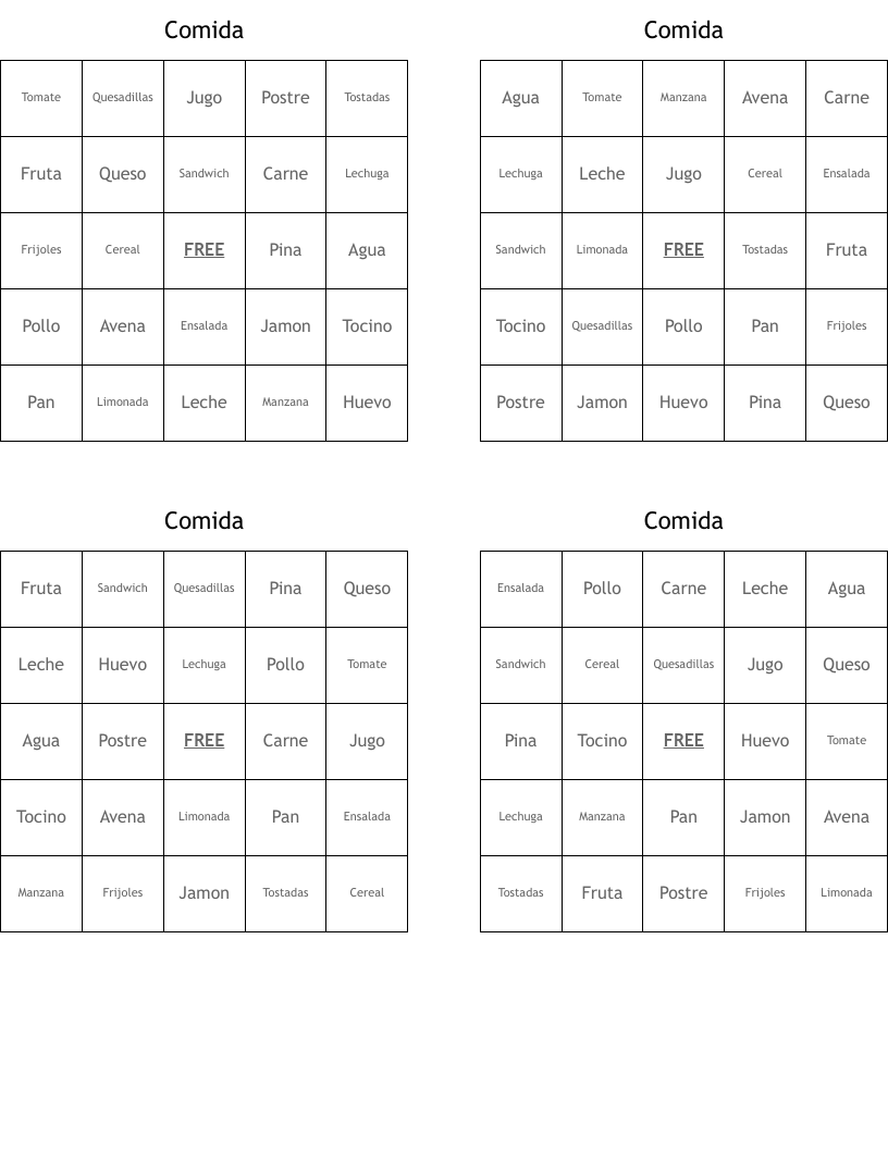 Comida  Bingo Cards