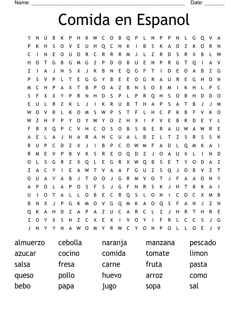 Comida en Espanol Word Search