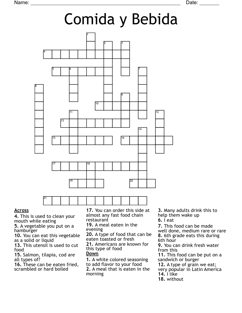 Comida y Bebida Crossword