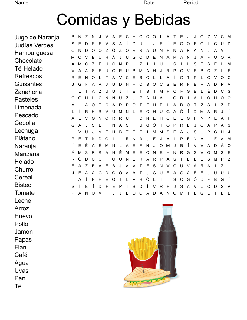 Comidas y Bebidas Word Search