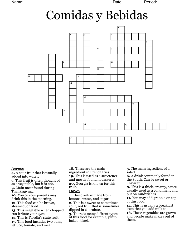 Comidas y Bebidas Crossword